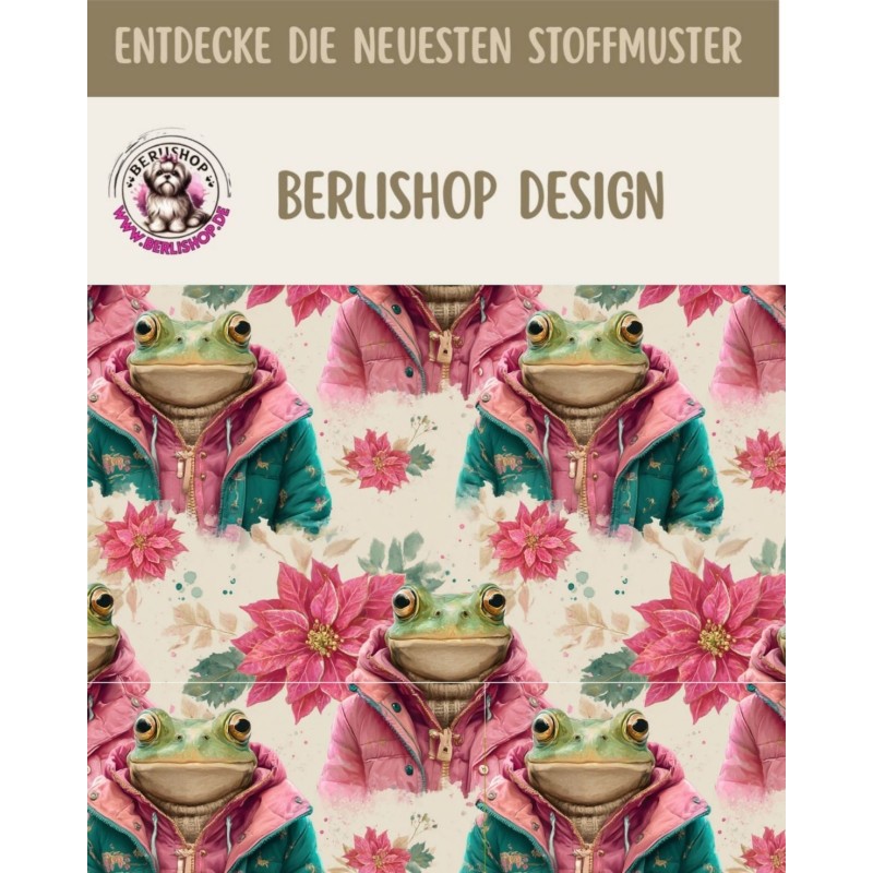 Weihnachten French Terry Sommersweat Frösche Weihnachtssterne Rosa Türkis – 240 g/m² – 145 cm – Eigenproduktion