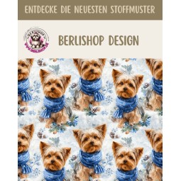 1m Coupon Weihnachten French Terry Sommersweat Yorkshire Terrier Hund Schal Schnee Blau – 240 g/m² – 145 cm – Eigenproduktion