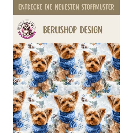 1m Coupon Weihnachten French Terry Sommersweat Yorkshire Terrier Hund Schal Schnee Blau – 240 g/m² – 145 cm – Eigenproduktion