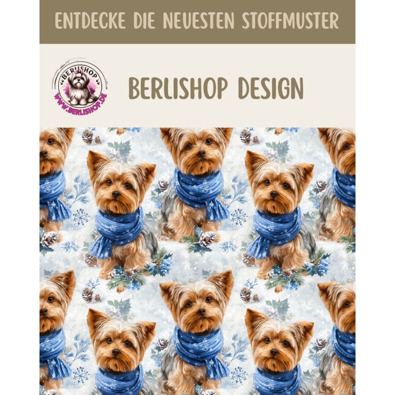 1m Coupon Weihnachten French Terry Sommersweat Yorkshire Terrier Hund Schal Schnee Blau – 240 g/m² – 145 cm – Eigenproduktion