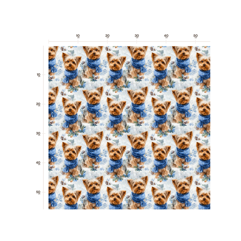 1m Coupon Weihnachten French Terry Sommersweat Yorkshire Terrier Hund Schal Schnee Blau – 240 g/m² – 145 cm – Eigenproduktion