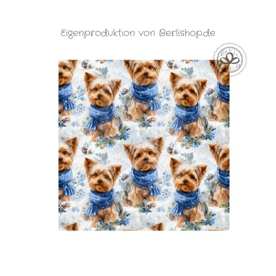 1m Coupon Weihnachten French Terry Sommersweat Yorkshire Terrier Hund Schal Schnee Blau – 240 g/m² – 145 cm – Eigenproduktion