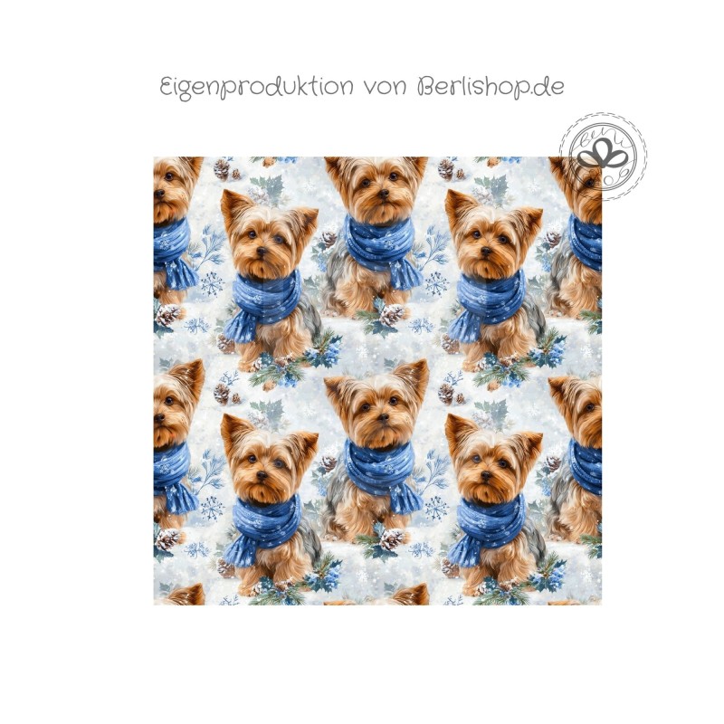 1m Coupon Weihnachten French Terry Sommersweat Yorkshire Terrier Hund Schal Schnee Blau – 240 g/m² – 145 cm – Eigenproduktion