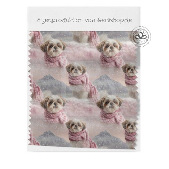 Weihnachten French Terry Sommersweat Shih Tzu Hund Schal Schnee Rosa – 240 g/m² – 145 cm – Eigenproduktion