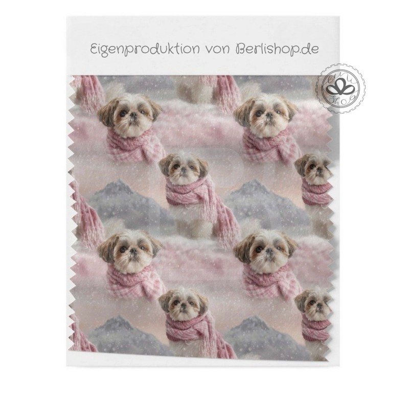 Weihnachten French Terry Sommersweat Shih Tzu Hund Schal Schnee Rosa – 240 g/m² – 145 cm – Eigenproduktion