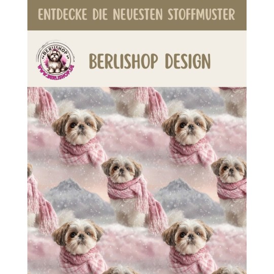 1m Coupon Weihnachten French Terry Sommersweat Shih Tzu Hund Schal Schnee Rosa – 240 g/m² – 145 cm – Eigenproduktion