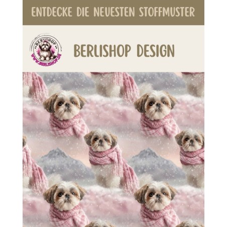1m Coupon Weihnachten French Terry Sommersweat Shih Tzu Hund Schal Schnee Rosa – 240 g/m² – 145 cm – Eigenproduktion