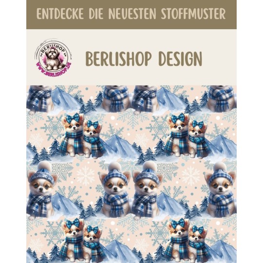 Weihnachten French Terry Sommersweat Hunde Winter Mütze Schal Schneeflocken Blau – 240 g/m² – 145 cm – Eigenproduktion
