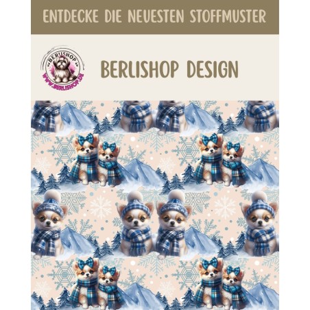 Weihnachten French Terry Sommersweat Hunde Winter Mütze Schal Schneeflocken Blau – 240 g/m² – 145 cm – Eigenproduktion