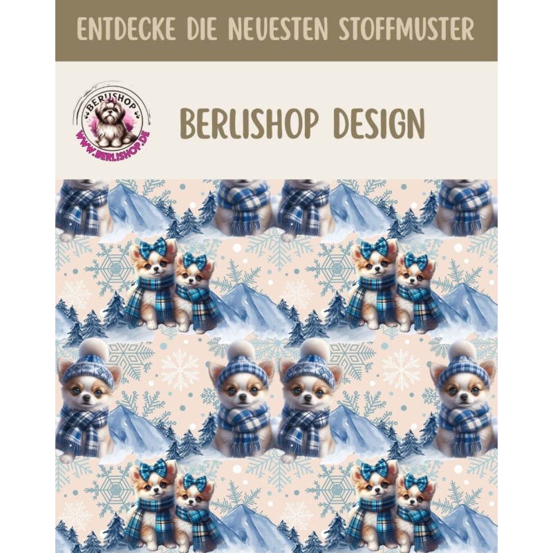 Weihnachten French Terry Sommersweat Hunde Winter Mütze Schal Schneeflocken Blau – 240 g/m² – 145 cm – Eigenproduktion