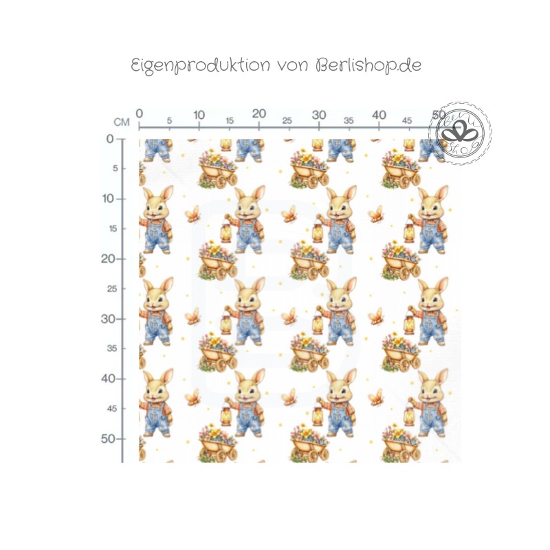 Baumwolle Canvas Stoff -  Frohe Ostern Hase im Garten  Frühling - hochwertige Eigenproduktion