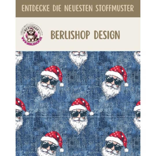Weihnachten French Terry Sommersweat Weihnachtsmann Sonnenbrille Blau Rot – 240 g/m² – 145 cm – Eigenproduktion
