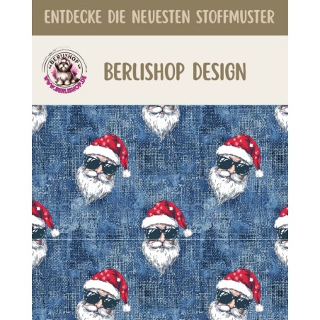 Weihnachten French Terry Sommersweat Weihnachtsmann Sonnenbrille Blau Rot – 240 g/m² – 145 cm – Eigenproduktion