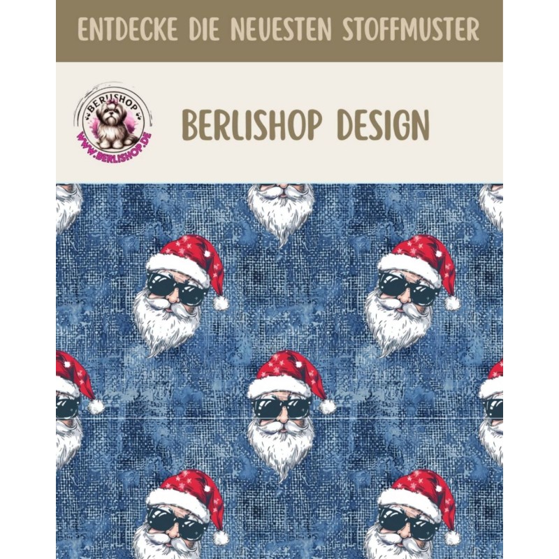 1m Coupon Weihnachten French Terry Sommersweat Weihnachtsmann Sonnenbrille Blau Rot – 240 g/m² – 145 cm – Eigenproduktion