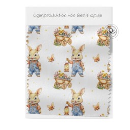 Baumwolle Canvas Frohe Ostern Hase im Garten Stoff 160 cm – Frühling – 153 g/m² – Eigenproduktion