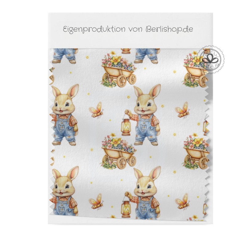 Baumwolle Canvas Frohe Ostern Hase im Garten Stoff 160 cm – Frühling – 153 g/m² – Eigenproduktion