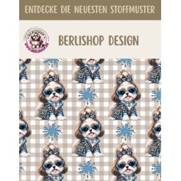 50 cm Baumwolle Canvas Shih Tzu Stoff Blau Beige – Hunde Muster Leo Karo Tierstoff Meterware 160 cm 153 g/m Eigenproduktion