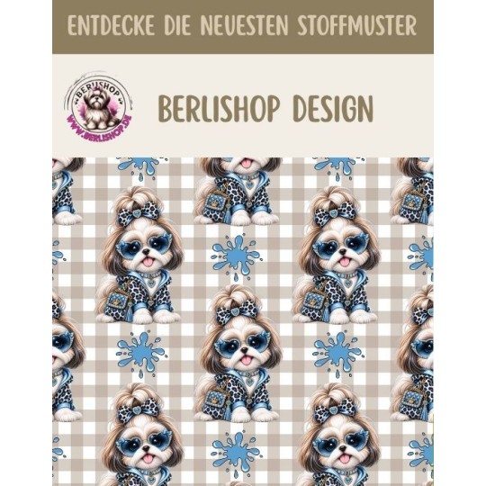 50 cm Baumwolle Canvas Shih Tzu Stoff Blau Beige – Hunde Muster Leo Karo Tierstoff Meterware 160 cm 153 g/m Eigenproduktion
