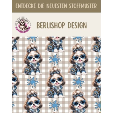 50 cm Baumwolle Canvas Shih Tzu Stoff Blau Beige – Hunde Muster Leo Karo Tierstoff Meterware 160 cm 153 g/m Eigenproduktion