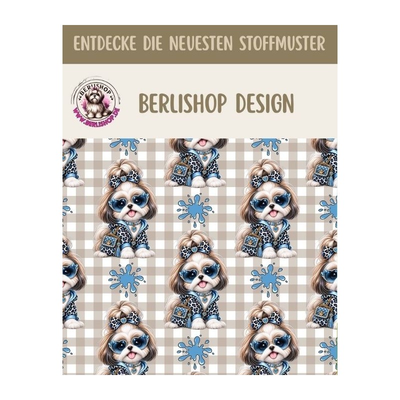 50 cm Baumwolle Canvas Shih Tzu Stoff Blau Beige – Hunde Muster Leo Karo Tierstoff Meterware 160 cm 153 g/m Eigenproduktion
