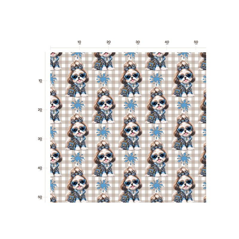 50 cm Baumwolle Canvas Shih Tzu Stoff Blau Beige – Hunde Muster Leo Karo Tierstoff Meterware 160 cm 153 g/m Eigenproduktion
