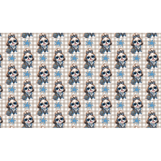 50 cm Baumwolle Canvas Shih Tzu Stoff Blau Beige – Hunde Muster Leo Karo Tierstoff Meterware 160 cm 153 g/m Eigenproduktion
