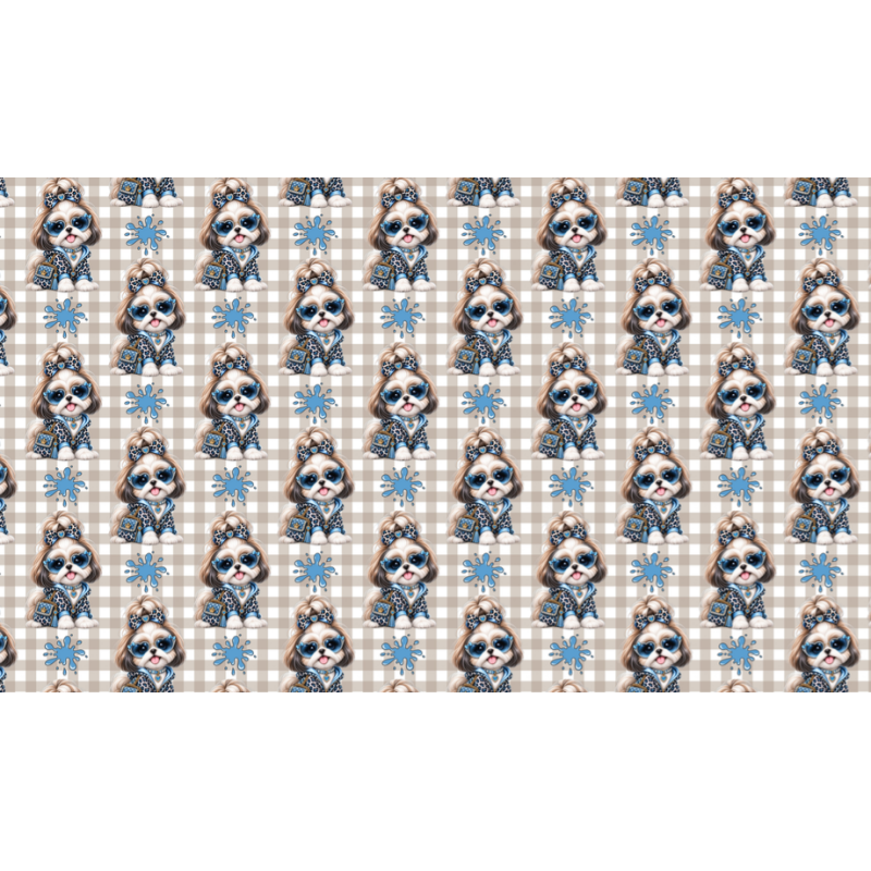50 cm Baumwolle Canvas Shih Tzu Stoff Blau Beige – Hunde Muster Leo Karo Tierstoff Meterware 160 cm 153 g/m Eigenproduktion