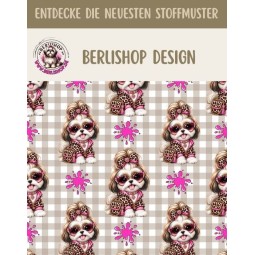 50 cm Baumwolle Canvas Shih Tzu Stoff Pink Beige – Hunde Muster Leo Karo Tierstoff Meterware 160 cm 153 g/m Eigenproduktion