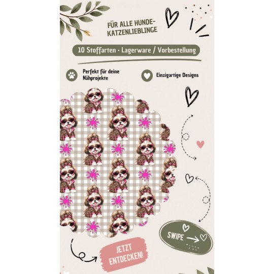 50 cm Baumwolle Canvas Shih Tzu Stoff Pink Beige – Hunde Muster Leo Karo Tierstoff Meterware 160 cm 153 g/m Eigenproduktion
