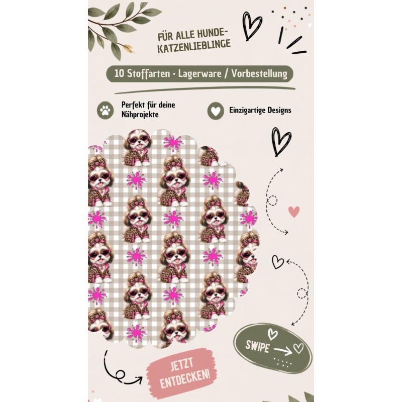 50 cm Baumwolle Canvas Shih Tzu Stoff Pink Beige – Hunde Muster Leo Karo Tierstoff Meterware 160 cm 153 g/m Eigenproduktion