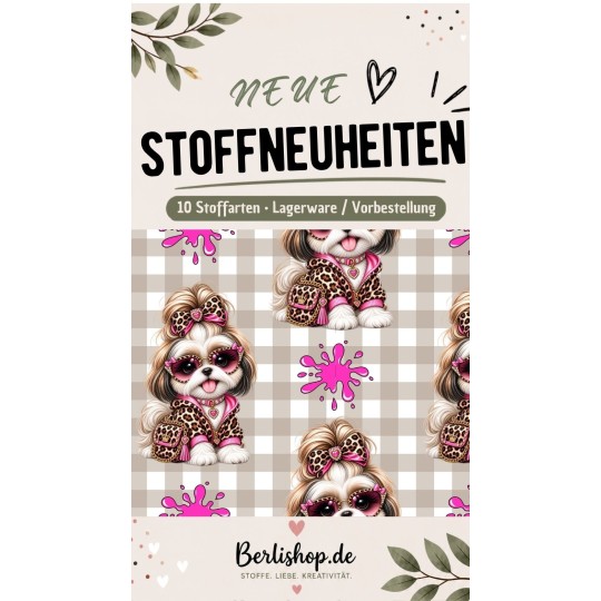 50 cm Baumwolle Canvas Shih Tzu Stoff Pink Beige – Hunde Muster Leo Karo Tierstoff Meterware 160 cm 153 g/m Eigenproduktion