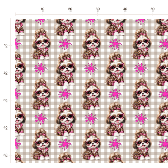 50 cm Baumwolle Canvas Shih Tzu Stoff Pink Beige – Hunde Muster Leo Karo Tierstoff Meterware 160 cm 153 g/m Eigenproduktion