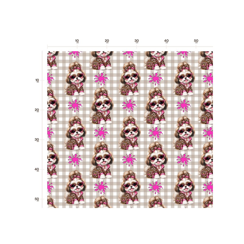 50 cm Baumwolle Canvas Shih Tzu Stoff Pink Beige – Hunde Muster Leo Karo Tierstoff Meterware 160 cm 153 g/m Eigenproduktion