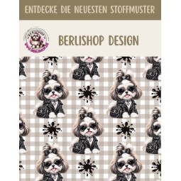 50 cm Baumwolle Canvas Shih Tzu Stoff Schwarz Beige – Hunde Muster Leo Karo Tierstoff Meterware 160 cm 153 g/m Eigenproduktion
