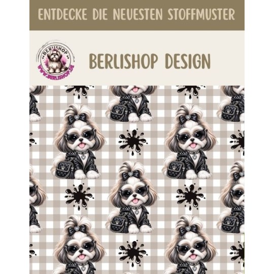 50 cm Baumwolle Canvas Shih Tzu Stoff Schwarz Beige – Hunde Muster Leo Karo Tierstoff Meterware 160 cm 153 g/m Eigenproduktion