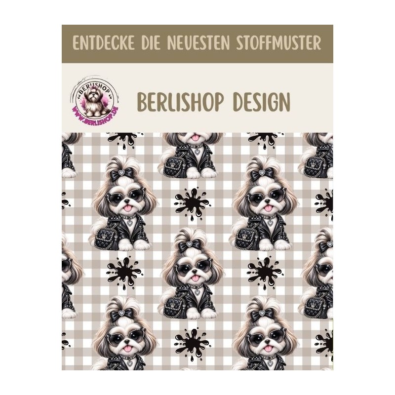 50 cm Baumwolle Canvas Shih Tzu Stoff Schwarz Beige – Hunde Muster Leo Karo Tierstoff Meterware 160 cm 153 g/m Eigenproduktion