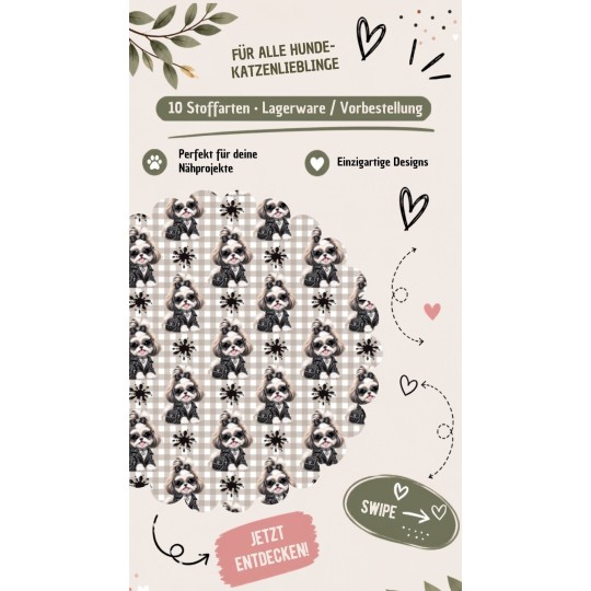 50 cm Baumwolle Canvas Shih Tzu Stoff Schwarz Beige – Hunde Muster Leo Karo Tierstoff Meterware 160 cm 153 g/m Eigenproduktion