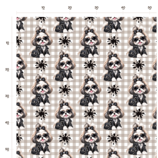 50 cm Baumwolle Canvas Shih Tzu Stoff Schwarz Beige – Hunde Muster Leo Karo Tierstoff Meterware 160 cm 153 g/m Eigenproduktion