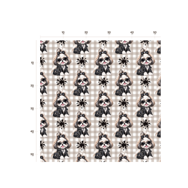 50 cm Baumwolle Canvas Shih Tzu Stoff Schwarz Beige – Hunde Muster Leo Karo Tierstoff Meterware 160 cm 153 g/m Eigenproduktion