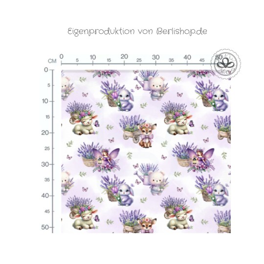 Baumwolle Canvas Stoff -  Frohe Ostern Lavendel & Tiere – Hase, Lamm, Reh – romantischer Kindersto - hochwertige Eigenproduktion