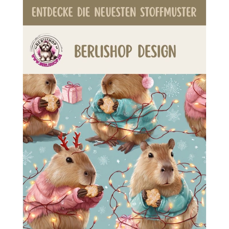 50 cm Baumwolle Canvas Weihnachten Capybara Türkis / Rosa  Meterware 160 cm 153 g/m Eigenproduktion