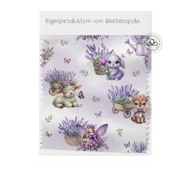 Baumwolle Canvas Frohe Ostern Lavendel & Tiere Stoff 160 cm –Hase, Lamm, Reh  – 153 g/m² – Eigenproduktion