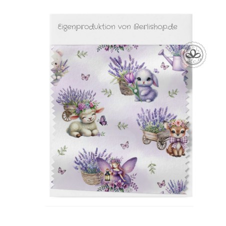 Baumwolle Canvas Stoff -  Frohe Ostern Lavendel & Tiere – Hase, Lamm, Reh – romantischer Kindersto - hochwertige Eigenproduktion
