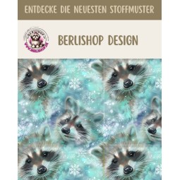 50 cm Baumwolle Canvas Weihnachten Waschbär Türkis / Grau – Meterware 160 cm 153 g/m² Eigenproduktion