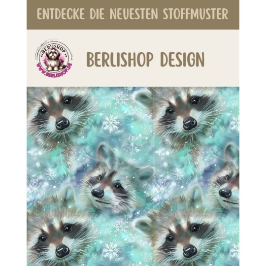 50 cm Baumwolle Canvas Weihnachten Waschbär Türkis / Grau – Meterware 160 cm 153 g/m² Eigenproduktion