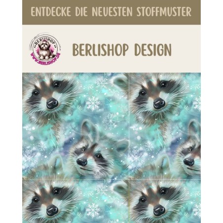 50 cm Baumwolle Canvas Weihnachten Waschbär Türkis / Grau – Meterware 160 cm 153 g/m² Eigenproduktion