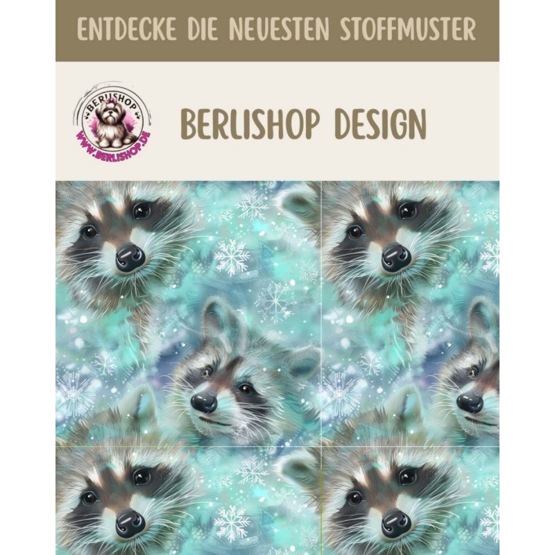 50 cm Baumwolle Canvas Weihnachten Waschbär Türkis / Grau – Meterware 160 cm 153 g/m² Eigenproduktion