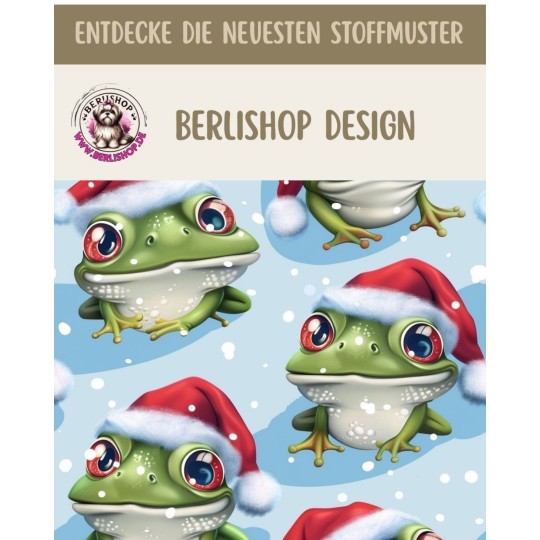 50 cm Baumwolle Canvas Weihnachten Frosch Hellblau / Grün – Meterware 160 cm 153 g/m² Eigenproduktion