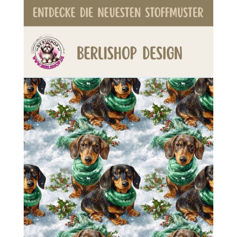 50 cm Baumwolle Canvas Weihnachten Dackel Grün / Braun – Meterware 160 cm 153 g/m² Eigenproduktion