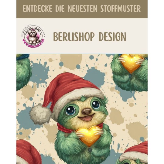 50 cm Baumwolle Canvas Weihnachten Faultier Grün Rot – 160 cm 153 g/m² Eigenproduktion